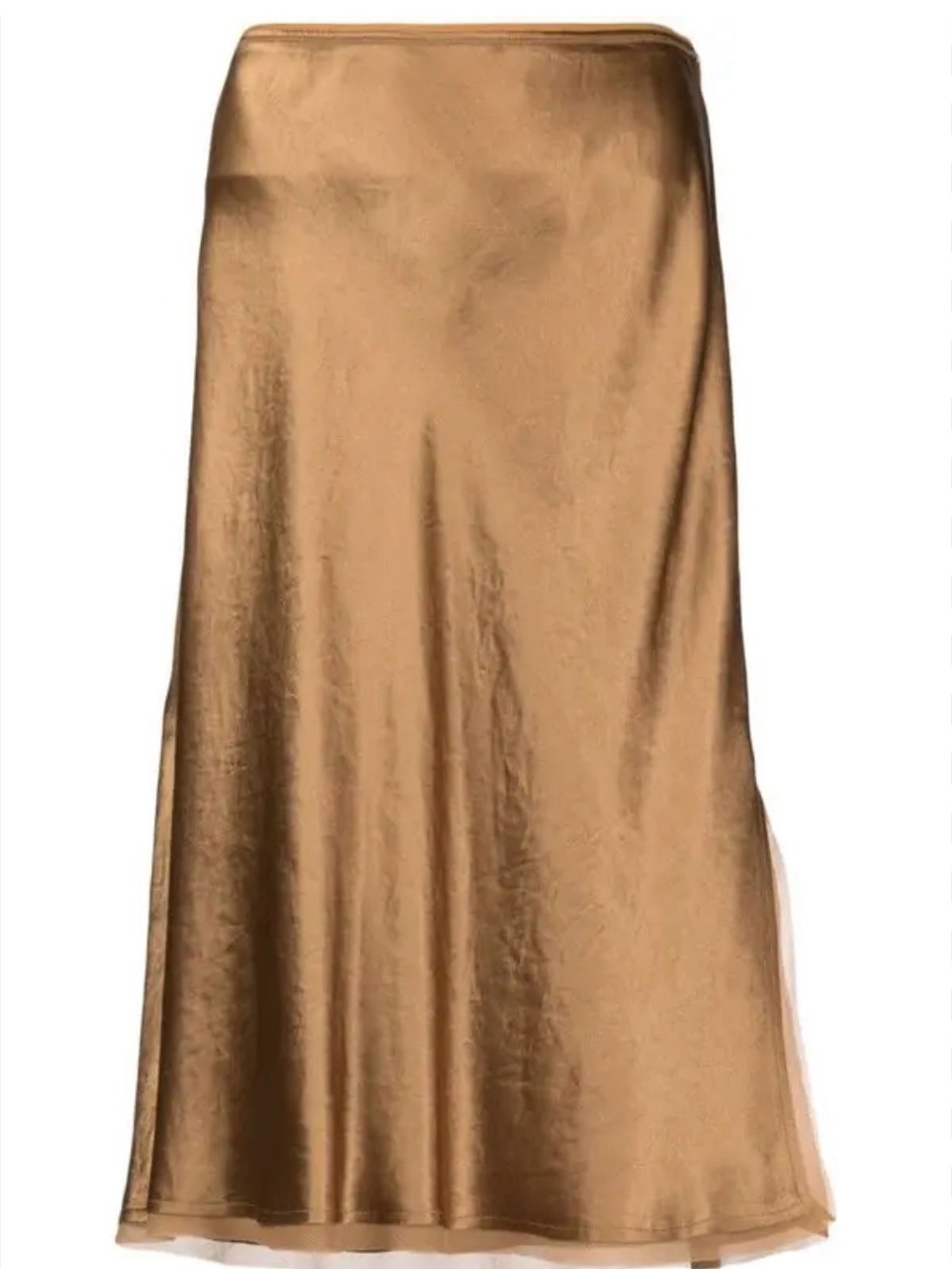 VINCE gold satin midi skirt, a bias cut for a fluid, draped silhouette. Size M